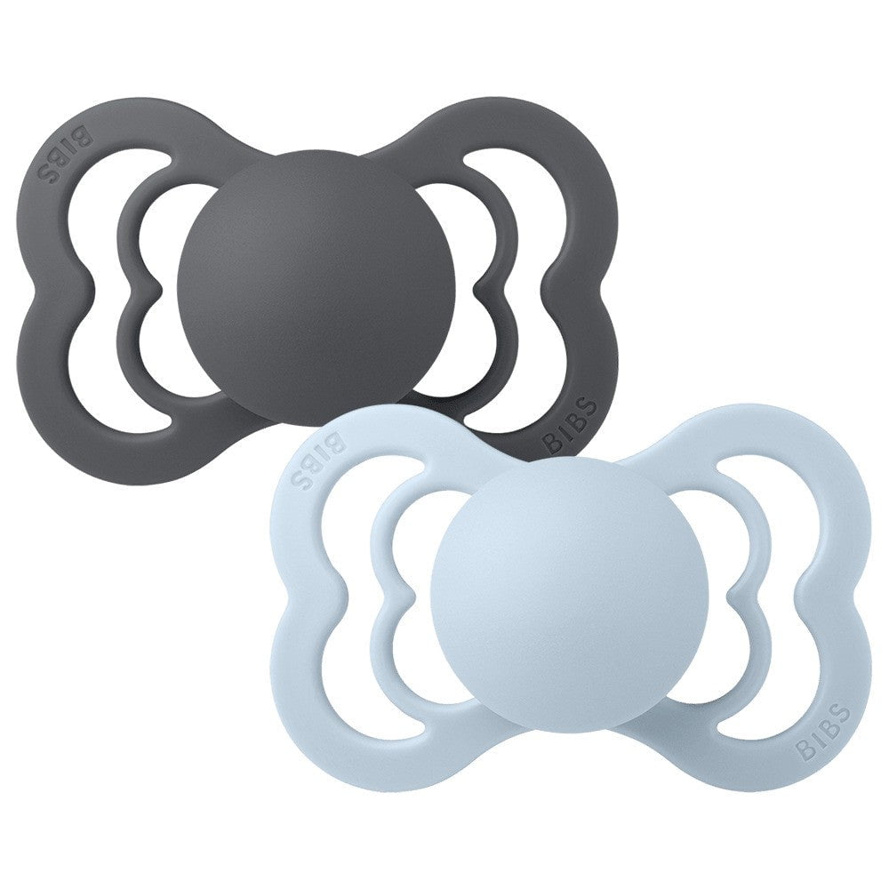 BIBS Pacifiers and Teethers Bibs 2PK Supreme Silicone Pacifier 6-18 Months Size 2 - Iron/BabyBlue