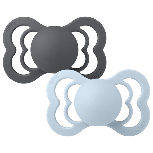 BIBS Pacifiers and Teethers Bibs 2PK Supreme Silicone Pacifier 6-18 Months Size 2 - Iron/BabyBlue