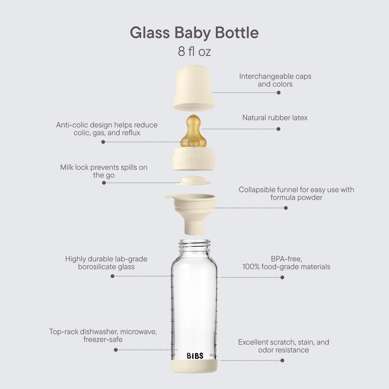 Bibs Baby Glass Bottle Set 8OZ Latex-Ivory - Medium Flow