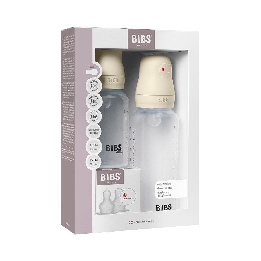 Bibs Grow and Flow Baby Bottle Set 5OZ/9OZ Silicone - Ivory - Slow Flow + Medium Flow
