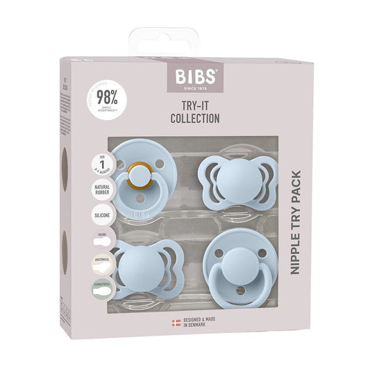 Bibs New Baby Try-It Collection Pacifier 4PK Set 0+Months Size 1 - Baby Blue