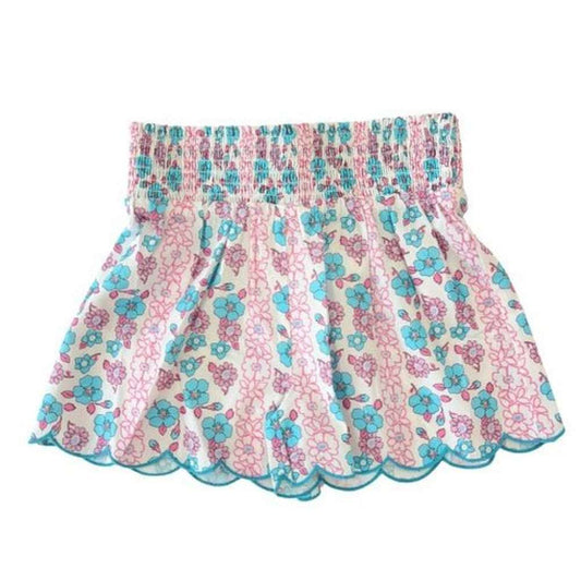 Bisby Girls Marguerite Floral Pink Shirred Scalloped Shorts babysupermarket