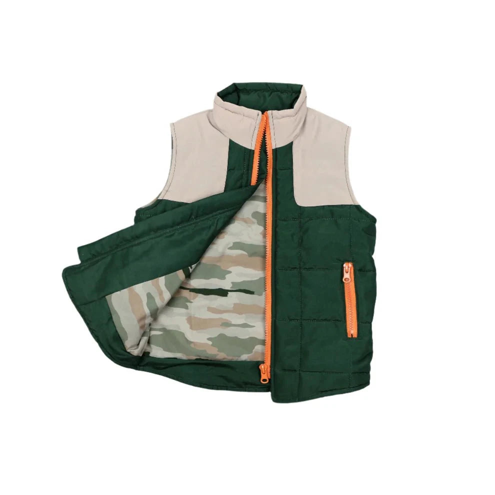 BlueQuail Clothing Co Boys Quilted Vest - Green/Khaki Classic Camo