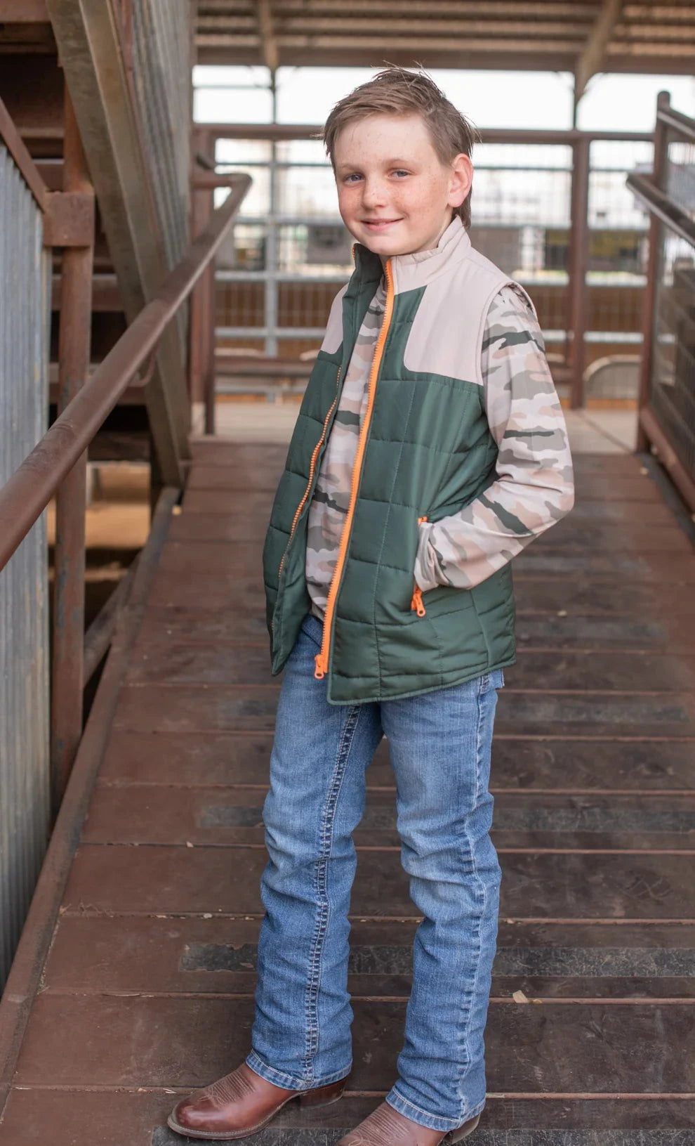 BlueQuail Clothing Co Boys Quilted Vest - Green/Khaki Classic Camo