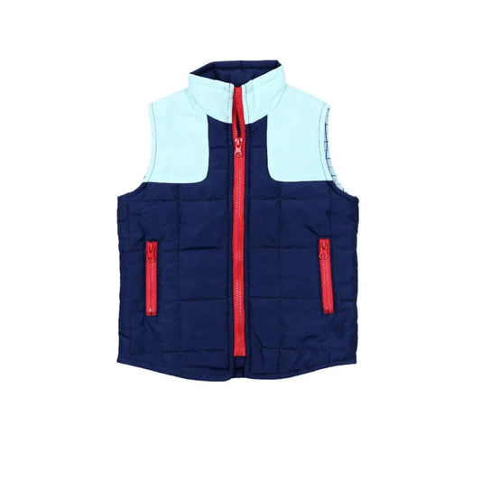 BlueQuail Clothing Co Boys Quilted Vest - Navy/LT Blue Tattersall Light Blue