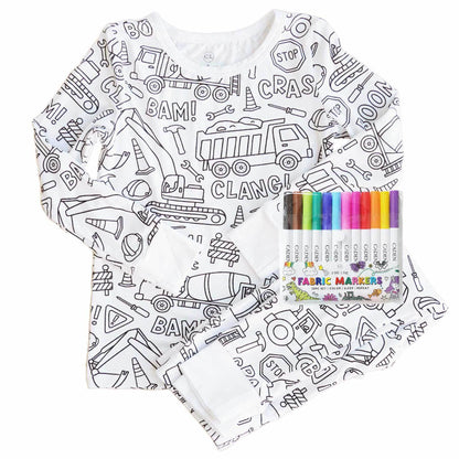 Caden LaneCaden Lane Boys Colorable Two-Piece Pajama Set & Markers - Construction ZoneBabysupermarket