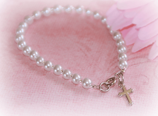Collectables America Apparel & Gifts Silver Collectables America 6" Pearl Bracelet with Silver Cross