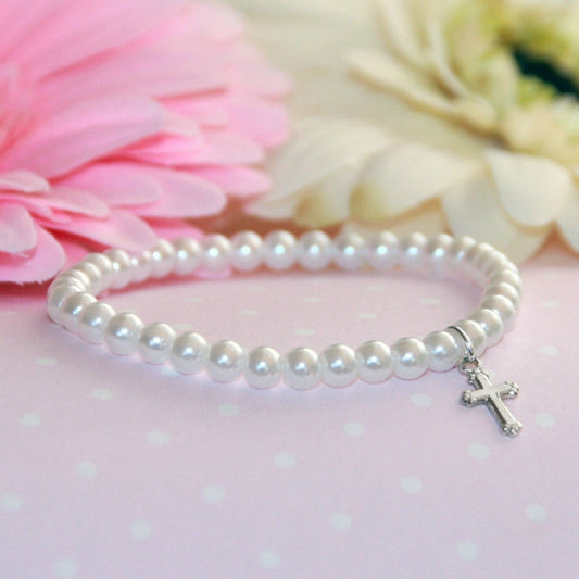 Collectables America 5" Stretch Pearl Bracelet with Silver Cross