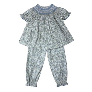 Delaney Girls Apparel / Playsets / Toddler Blue & Tan / 2 Toddler Delaney Girls Mini Floral Smocked Bishop Bloomer Set