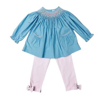 Delaney Girls Apparel / Playsets / Toddler Blue Gingham / 2 Toddler Delaney Girls Smocked Tiny Flowers Bishop Legging Set