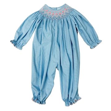 Delaney Girls Apparel / Playsets / Infants Blue Gingham / 3 Mo Delaney Girls Smocked Tiny Flowers Bishop Romper