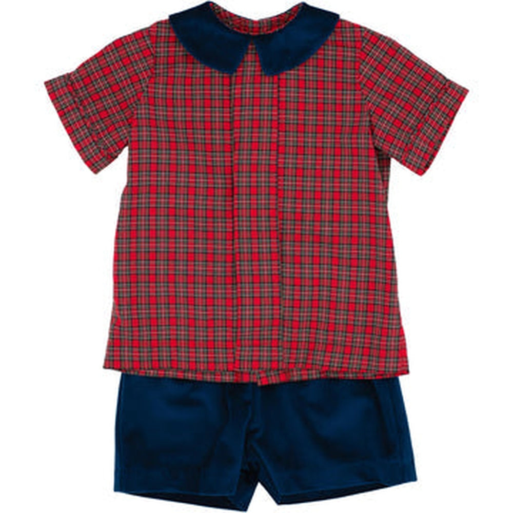 Funtasia Too Red Plaid Pleat Front Shirt & Navy Velvet Short Set