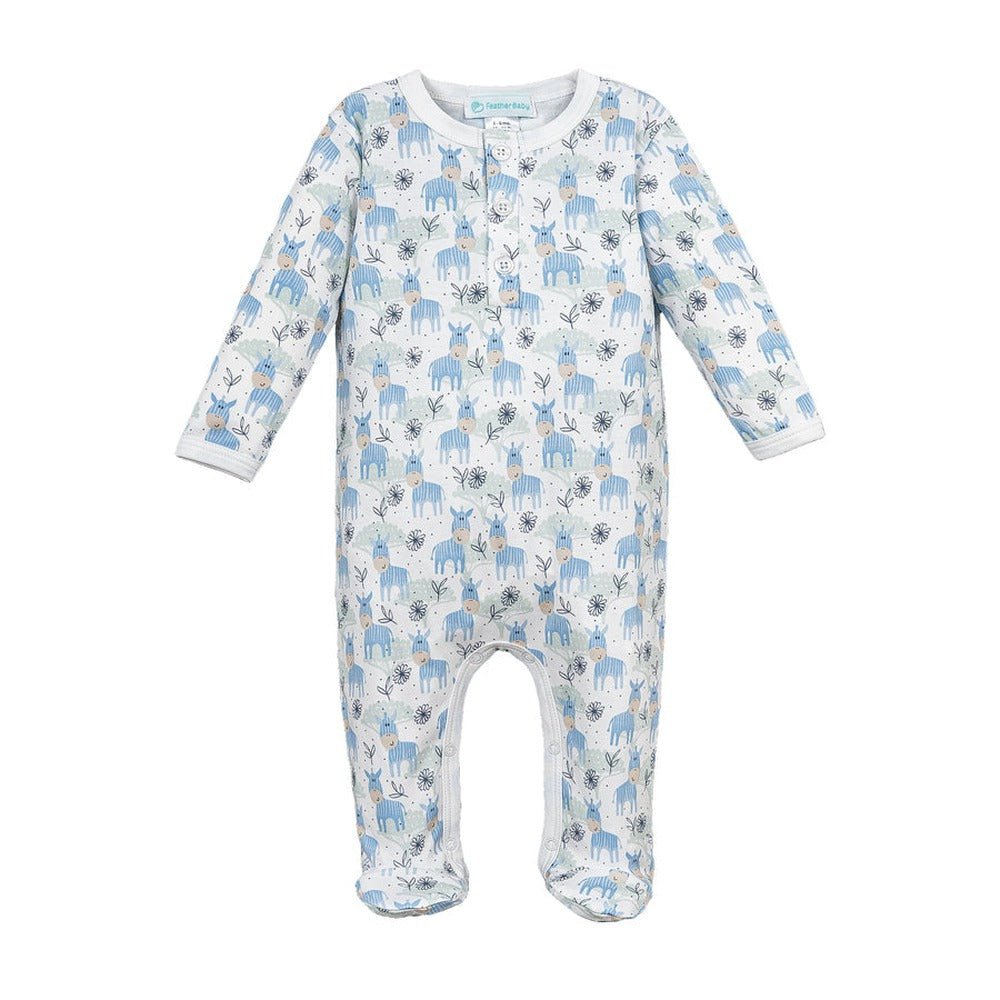 Feather Baby Boys Apparel / Sleepwear / Infant Blue / Newborn Feather Baby Mingling Zebras Henley Footie