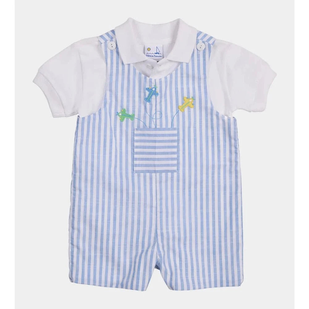 Florence Eiseman Boys Apparel / Outfits / Infant Blue / 12 Mo Florence Eiseman Garden Delights Stripe Linen Look Shortall with Airplanes