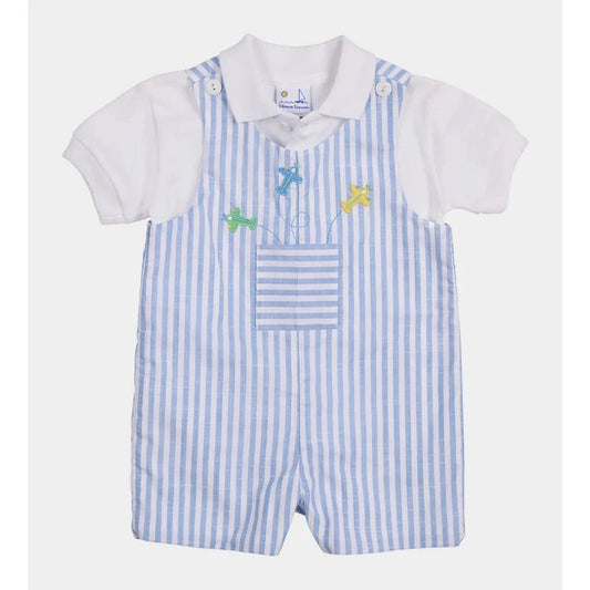 Florence Eiseman Boys Apparel / Outfits / Infant Blue / 12 Mo Florence Eiseman Garden Delights Stripe Linen Look Shortall with Airplanes