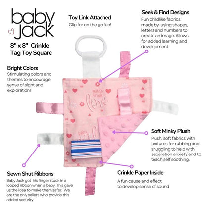 Baby Girl Pink Hospital Blanket Design Tag Toy w/Crinkle