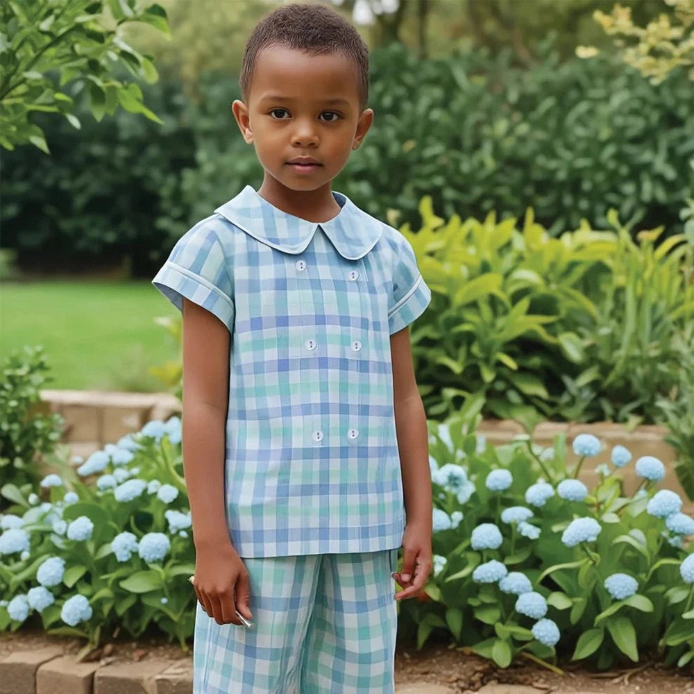 Ishtex Textiles Products Blue Plaid Boys Short Set