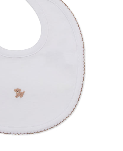 Kissy Kissy Bibs Kissy Kissy Premier Puppy Paws Embroidered Bib White w/Brown Trim