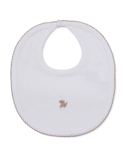 Kissy Kissy Bibs Kissy Kissy Premier Puppy Paws Embroidered Bib White w/Brown Trim