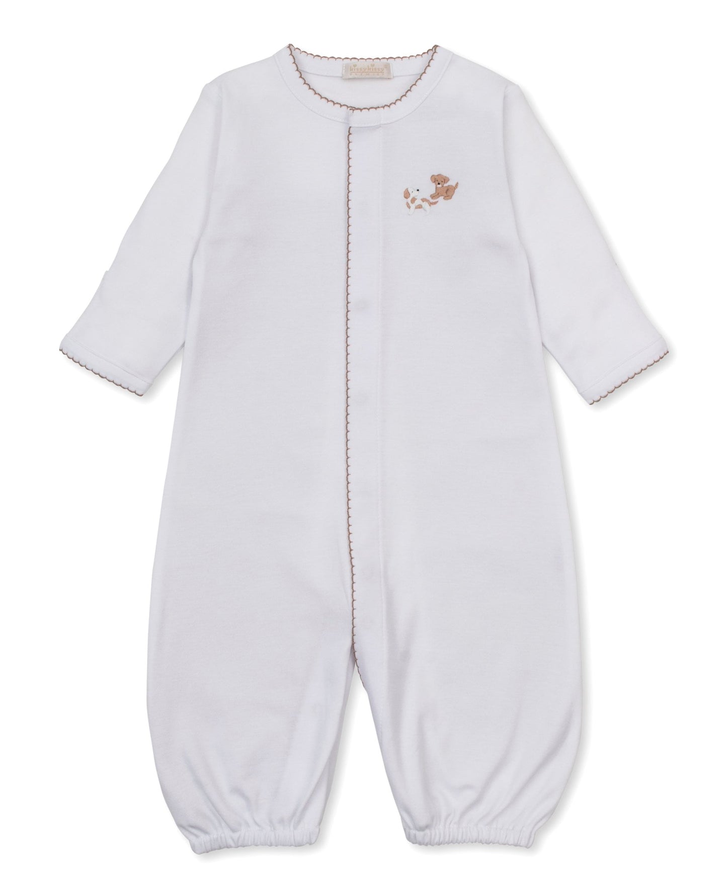 Kissy Kissy Boys Apparel / Gowns / Infant Kissy Kissy Premier Puppy Paws Embroidered Convertible Gown White w/Brown Trim