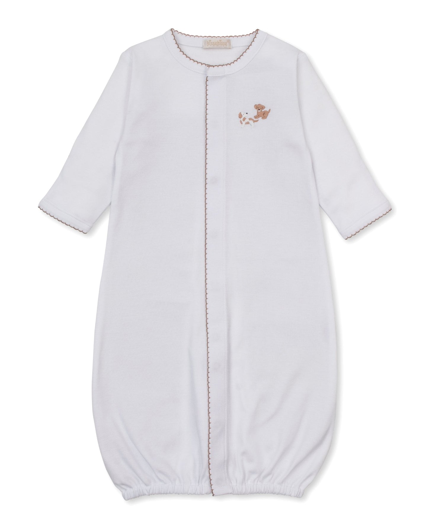 Kissy Kissy Boys Apparel / Gowns / Infant Kissy Kissy Premier Puppy Paws Embroidered Convertible Gown White w/Brown Trim