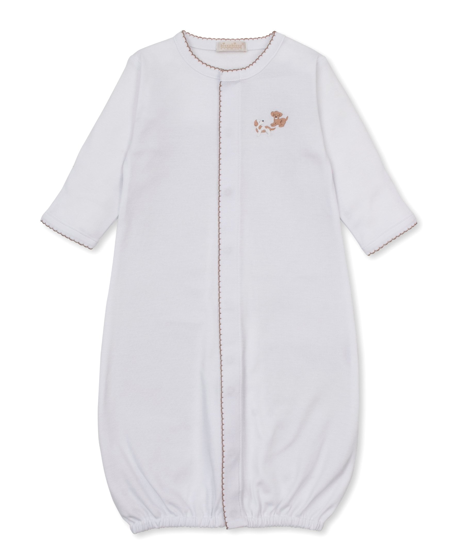 Kissy Kissy Boys Apparel / Gowns / Infant Kissy Kissy Premier Puppy Paws Embroidered Convertible Gown White w/Brown Trim