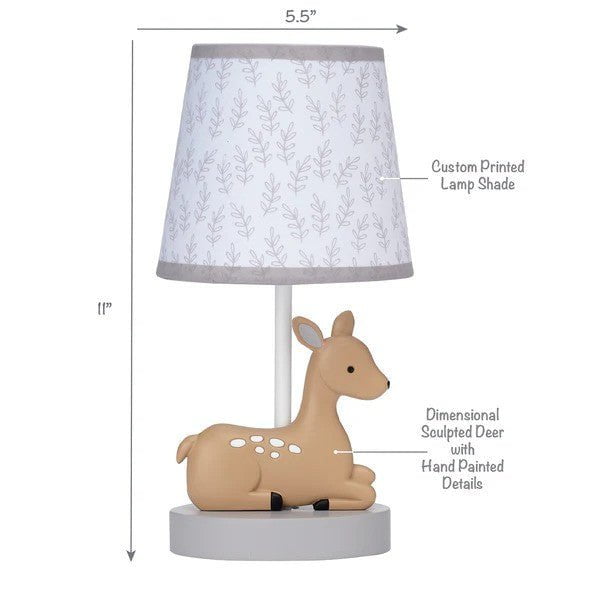 LAMBS & IVY More Decor Lambs & Ivy Deer Park Woodland Taupe Lamp with Gray/White Shade & Bulb
