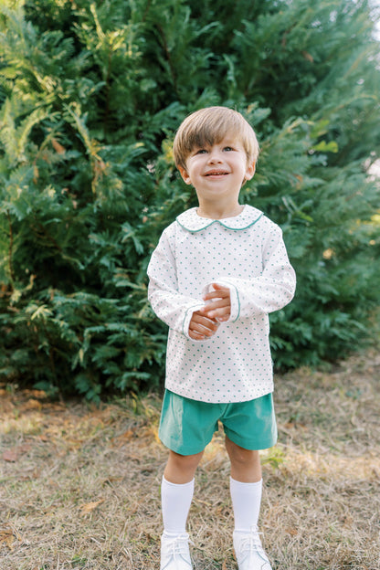 Lullaby Set Boys Shortalls Dressy Sets Lullaby Set Sibley Short Set - Swiss Dot Mistletoe Green