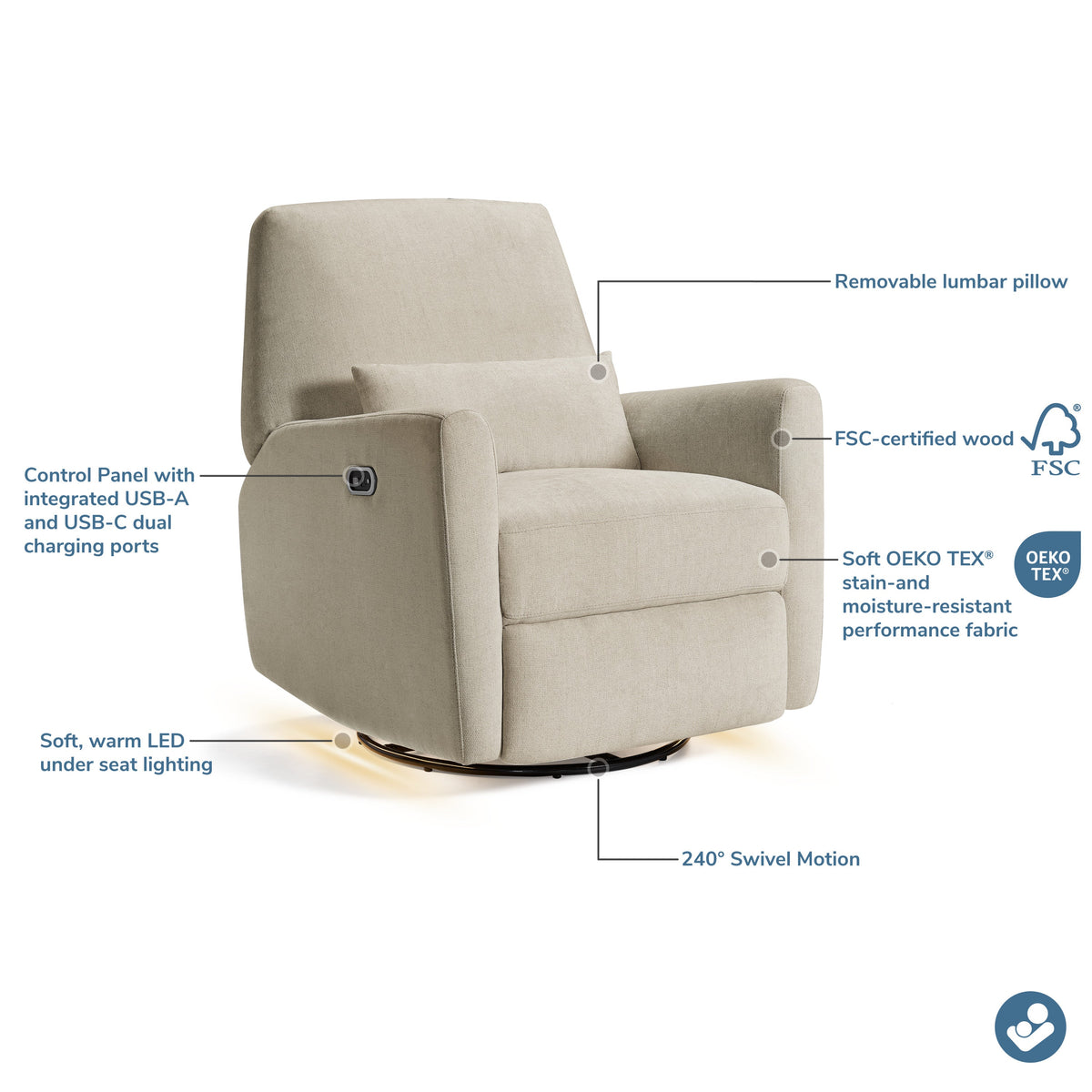 Maxi-Cosi Nursery Gliders & Rockers Maxi-Cosi Nursery Ansel Swivel Glider & Power Recliner with Nightlight