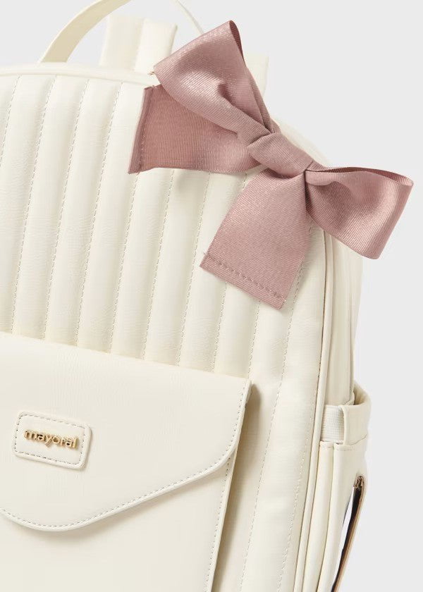 Mayoral Padded Backpack Diaper Bag Pearl White w/Rose Bow