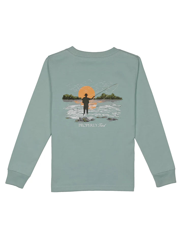 Properly Tied Boys Fly Fishing Long Sleeve T-Shirt - Marine Mist