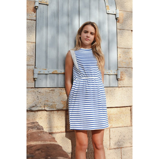 Mini Molly Girls Navy & White Striped Knit Dress babysupermarket