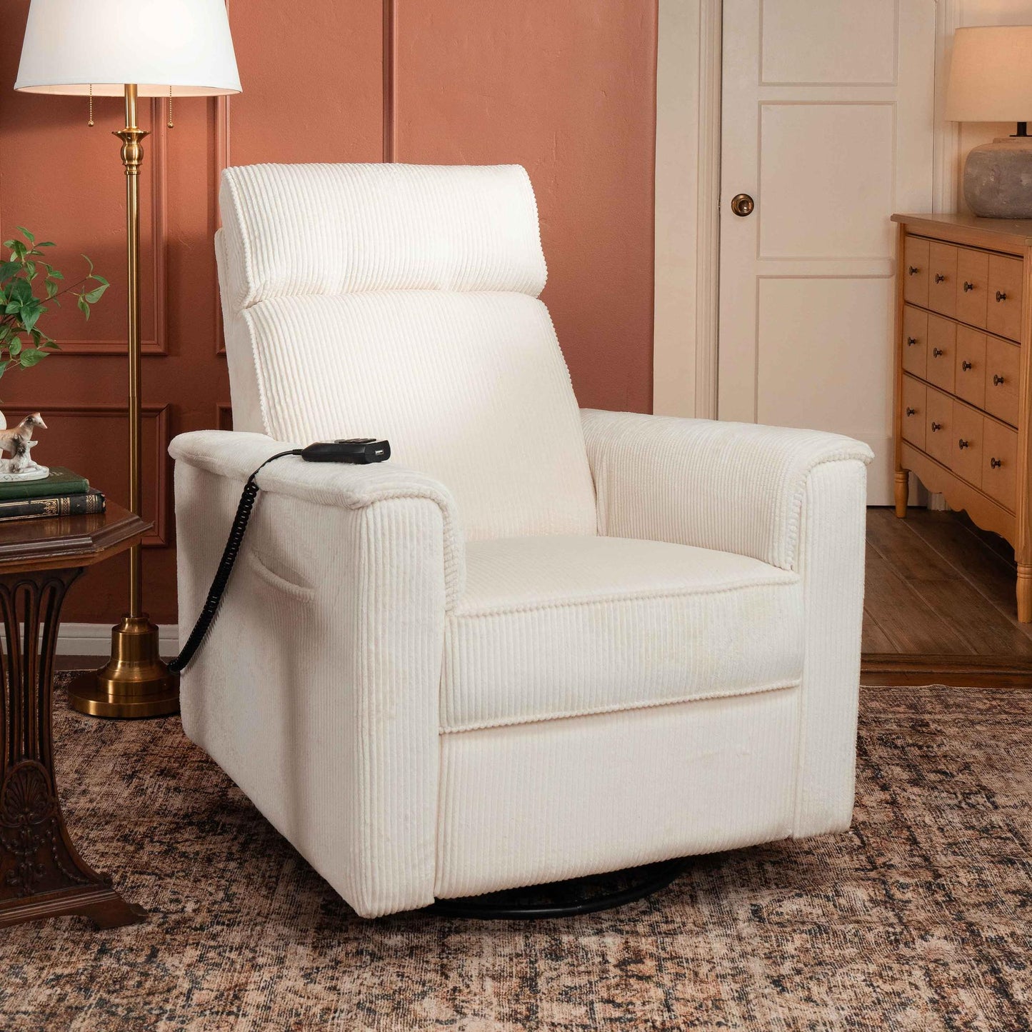 NamesakeMonogram by Namesake Willa Deluxe Power Recliner and Swivel Glider with Heat + Massage | Ivory CorduroyBabysupermarket