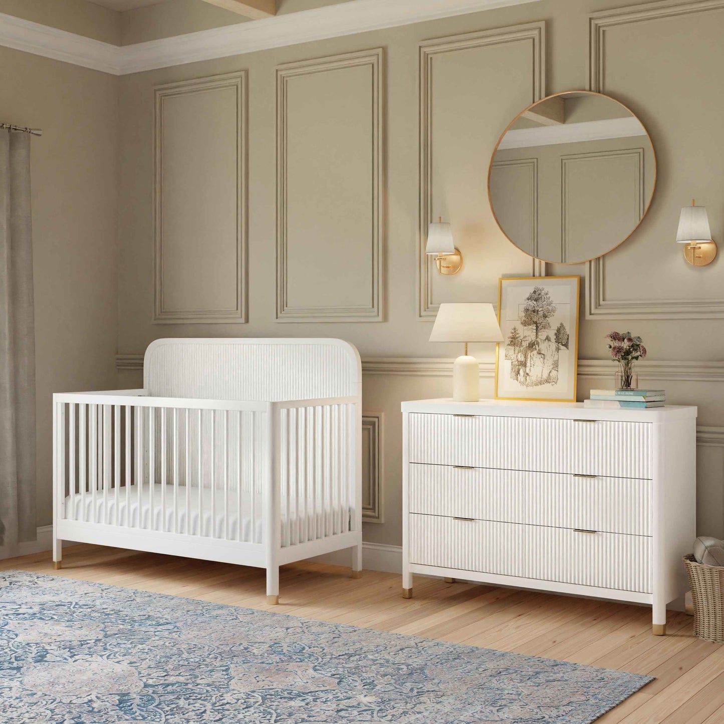 Namesake Cribs Warm White Namesake Brimsley Tambour 4-in-1 Convertible Crib