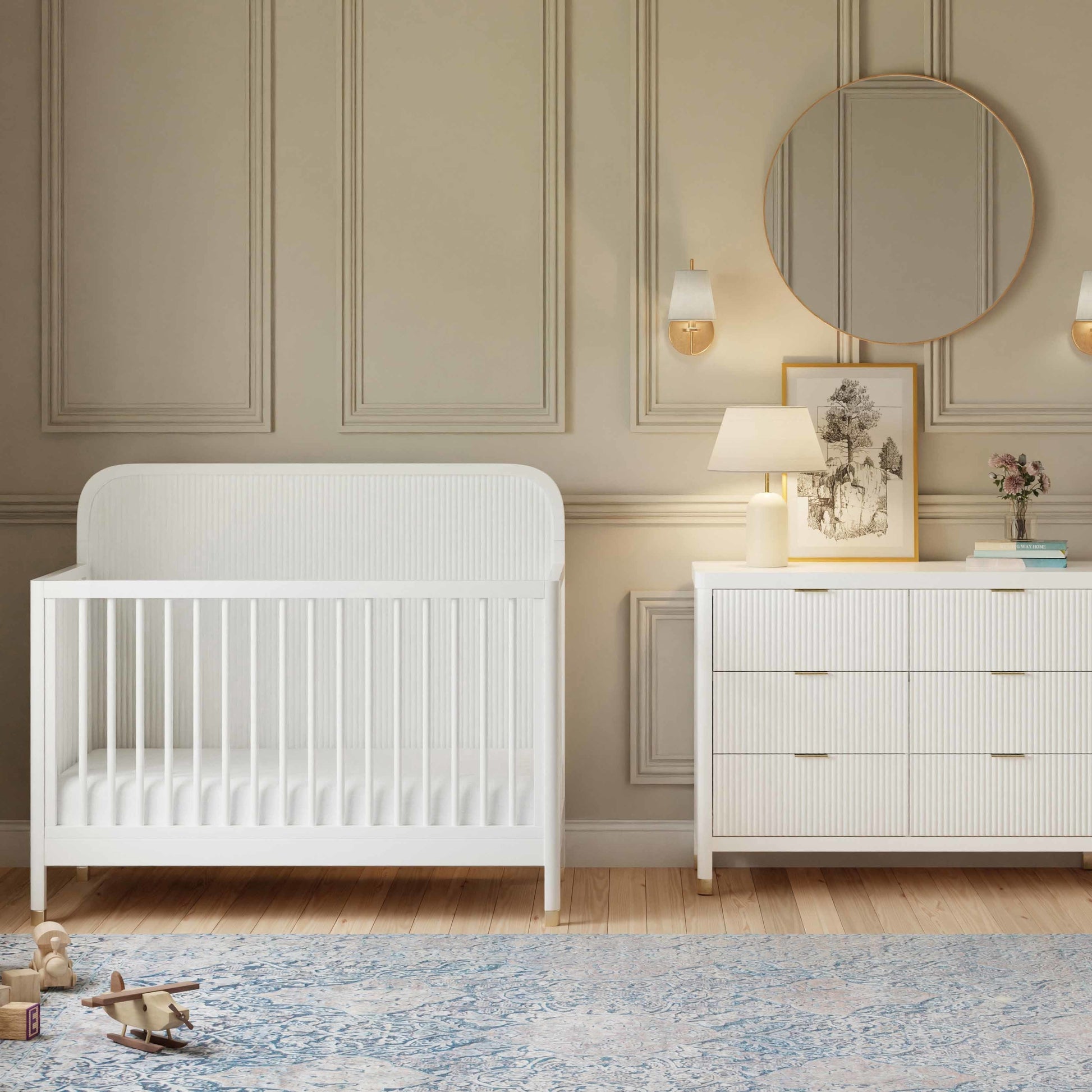 Namesake Cribs Warm White Namesake Brimsley Tambour 4-in-1 Convertible Crib