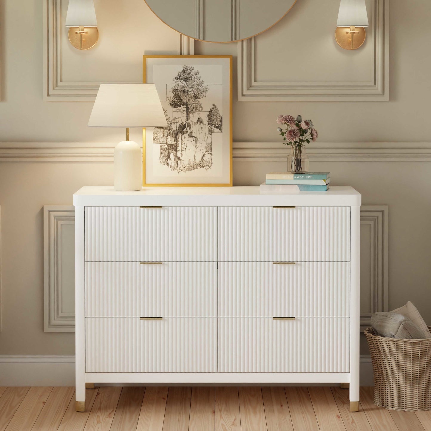 Namesake Dressers Warm White Namesake Brimsley Tambour 6-Drawer Dresser