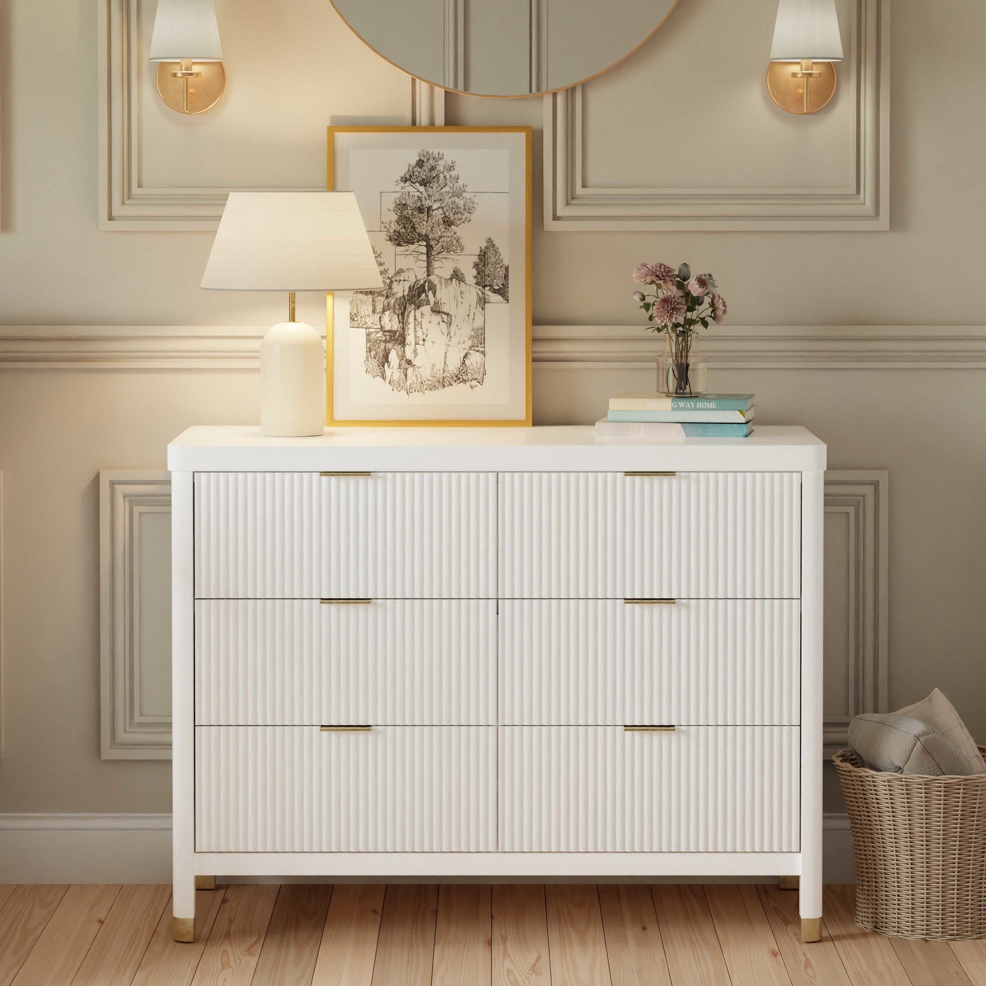 Namesake Dressers Warm White Namesake Brimsley Tambour 6-Drawer Dresser
