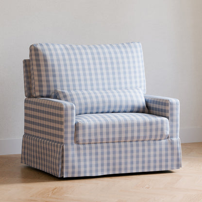 Namesake Gliders & Rockers Blue Gingham Namesake Crawford Pillowback Chair and a Half Comfort Swivel Glider