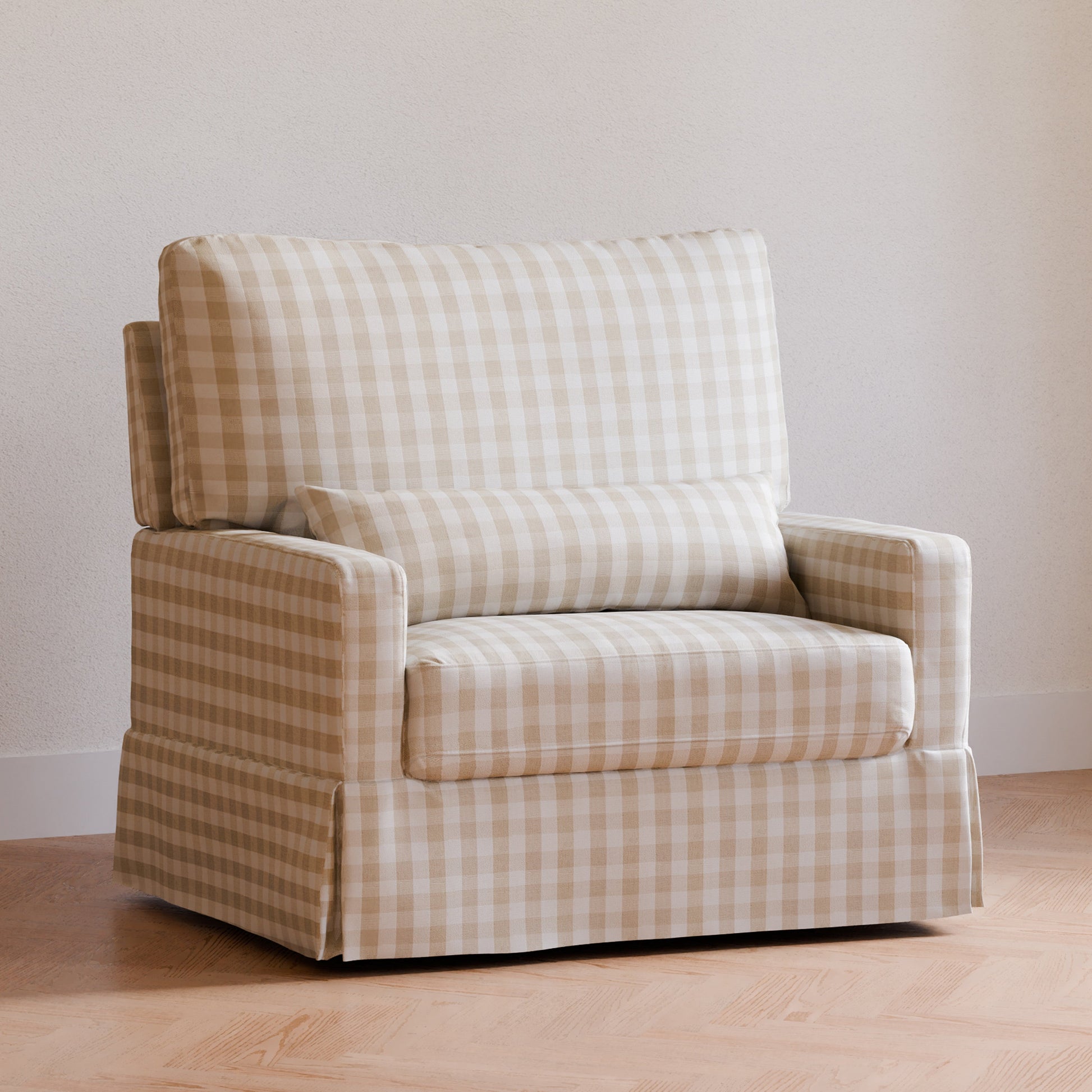 Namesake Gliders & Rockers Tan Gingham Namesake Crawford Pillowback Chair and a Half Comfort Swivel Glider