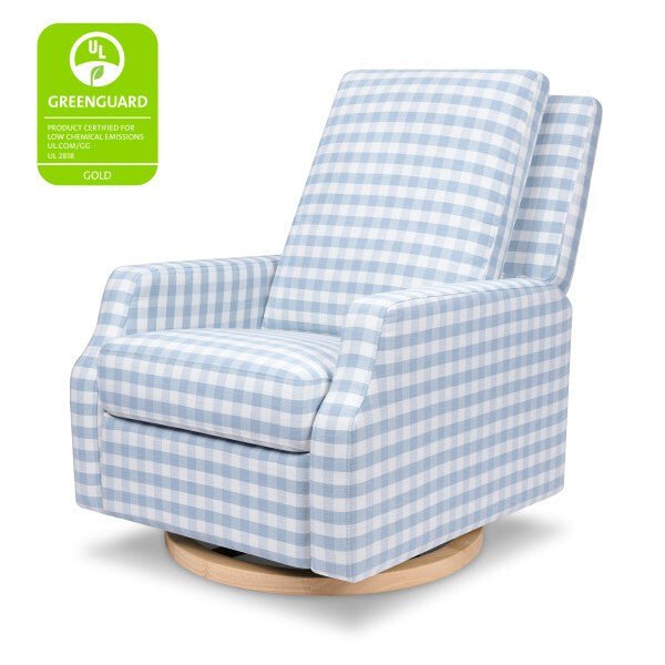 Namesake Crewe Electronic Swivel Glider Recliner in Blue Gingham with Light Wood Base