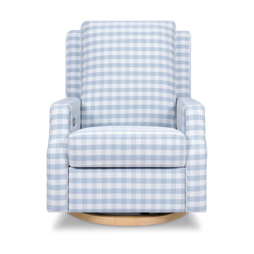 Namesake Crewe Electronic Swivel Glider Recliner in Blue Gingham with Light Wood Base