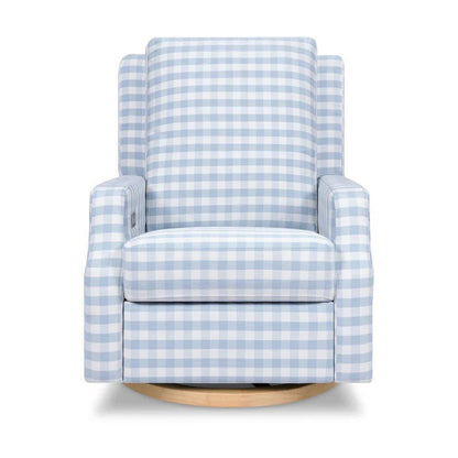 Namesake Crewe Electronic Swivel Glider Recliner in Blue Gingham with Light Wood Base