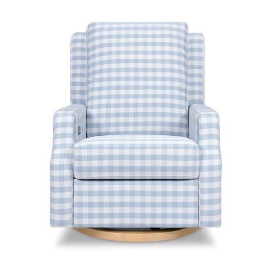 Namesake Crewe Electronic Swivel Glider Recliner in Blue Gingham with Light Wood Base