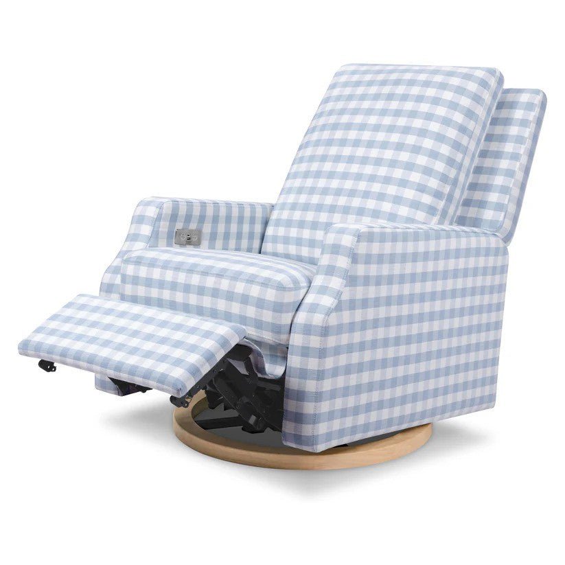 Namesake Crewe Electronic Swivel Glider Recliner in Blue Gingham with Light Wood Base