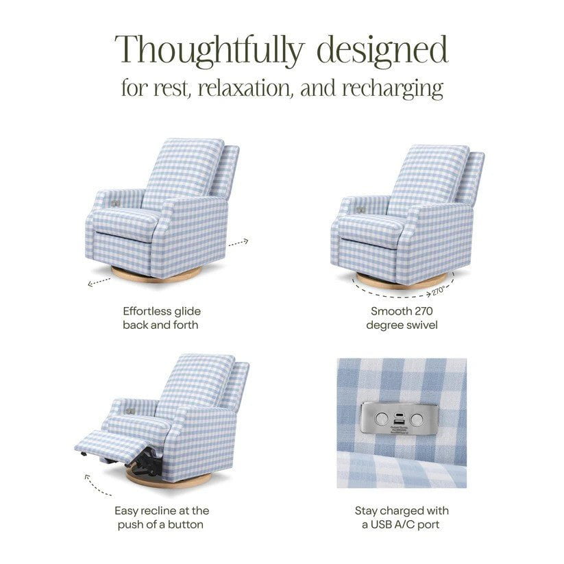 Namesake Crewe Electronic Swivel Glider Recliner in Blue Gingham with Light Wood Base