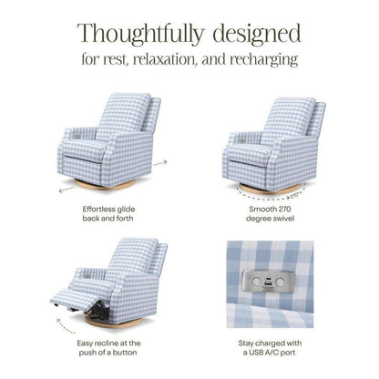 Namesake Crewe Electronic Swivel Glider Recliner in Blue Gingham with Light Wood Base