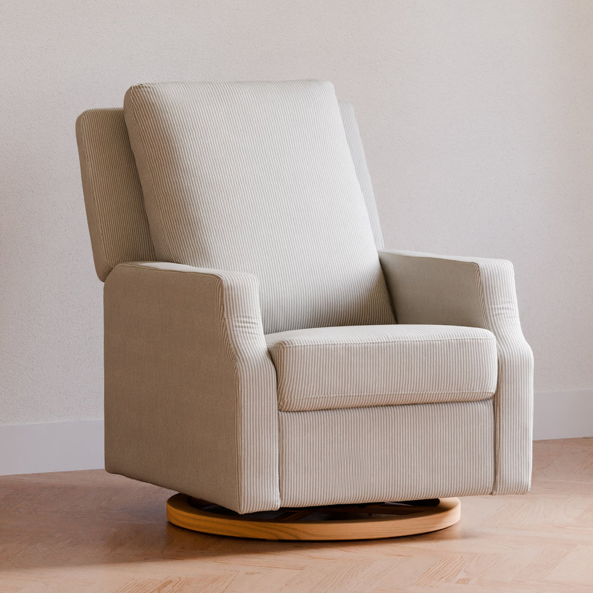 Namesake Gliders & Rockers Fog Chatham Stripe Performance Eco-Weave with Light Wood Base Namesake Crewe Recliner and Swivel Glider