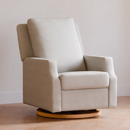 Namesake Gliders & Rockers Fog Chatham Stripe Performance Eco-Weave with Light Wood Base Namesake Crewe Recliner and Swivel Glider