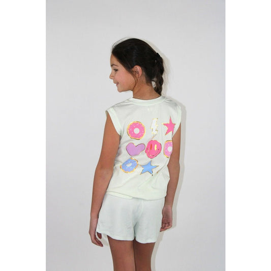 Paper Flower Girls Knotted Front Happy Face & Donuts T-Shirt babysupermarket