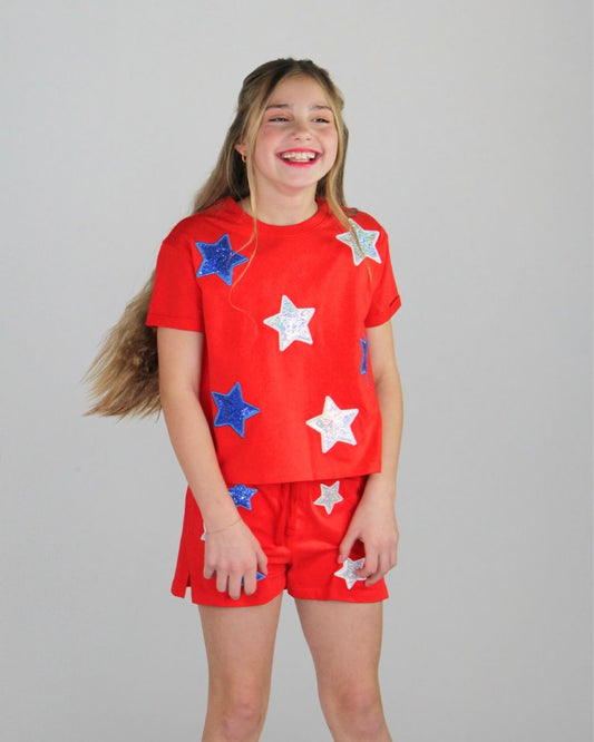 Paper Flower Girls Shirts Paper Flower Girls White & Blue Sequins Stars Shirt